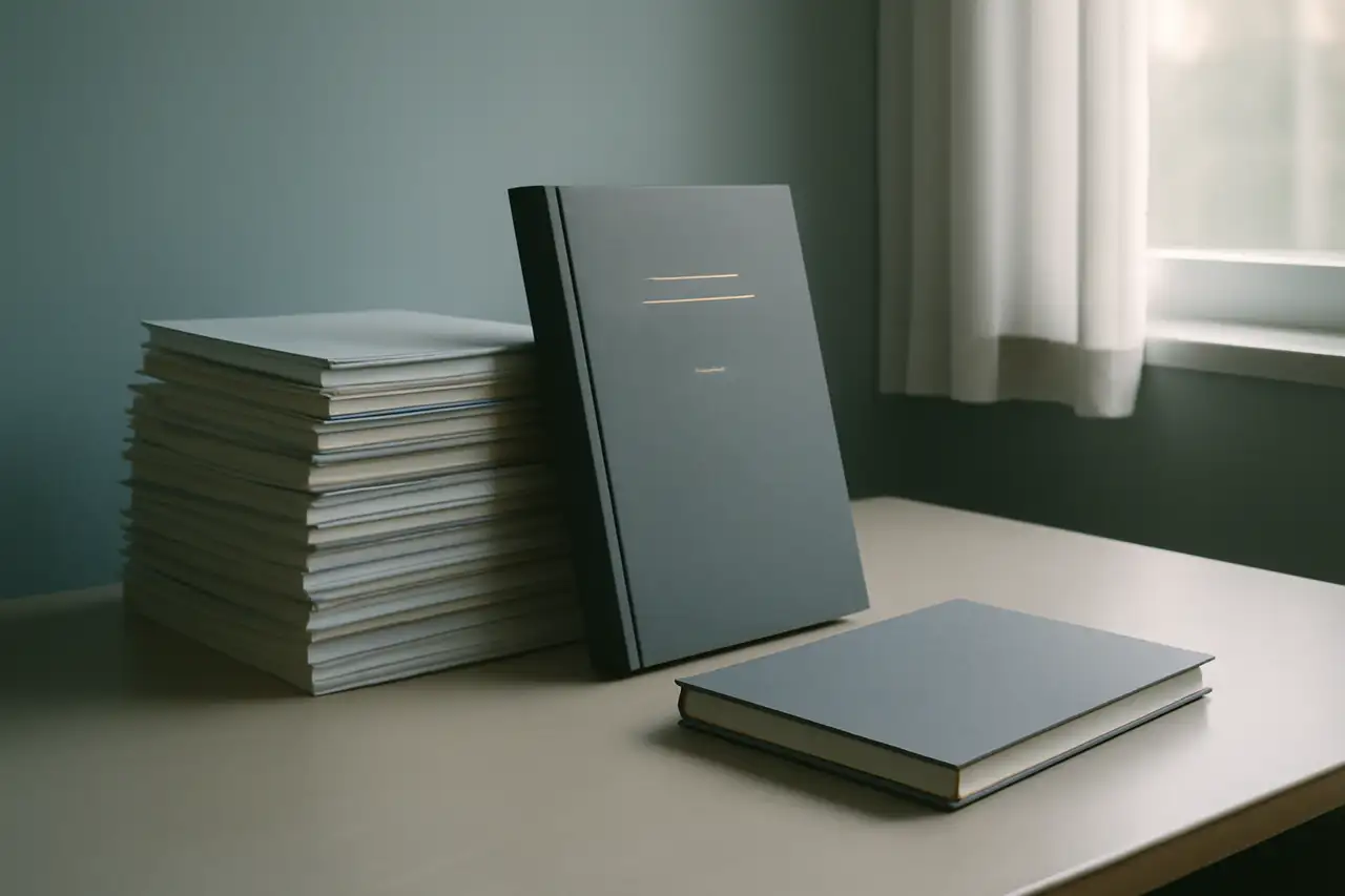 Stack of academic journals on a desk in daylight